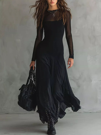 Elegant Gothic Sheer Mesh Long Sleeve Maxi Dress