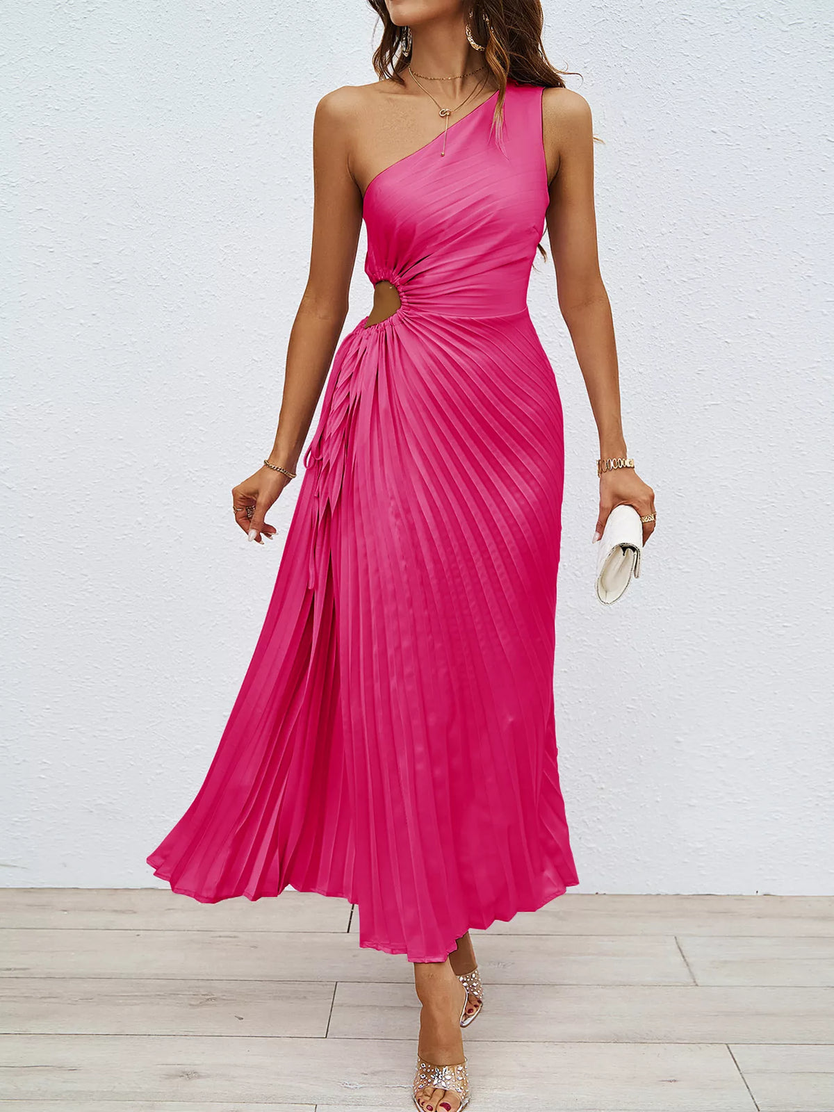 One-Shoulder Cutout Pleated Midi Dress