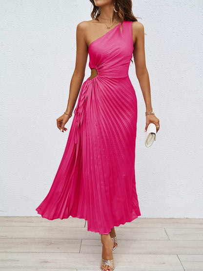 One-Shoulder Cutout Pleated Midi Dress