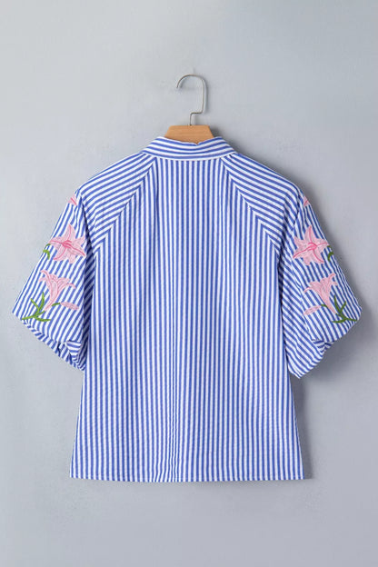 Striped Floral Embroidered Puff Sleeve Button Down Shirt