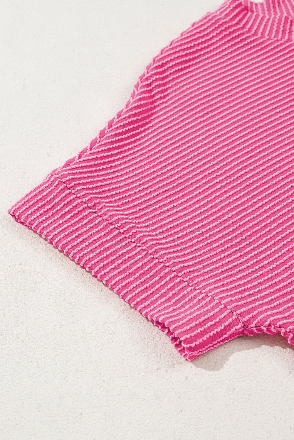 Bright Pink Plain Corded Knit Mock Neck T Shirt