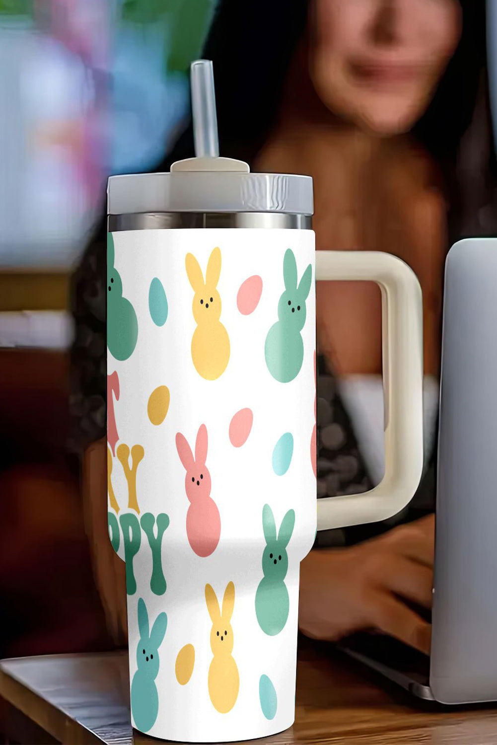 White DONT WORRY BE HOPPY Bunny Print Thermal Tumbler 40oz