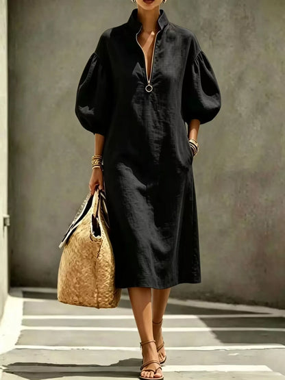 Half-Zip Puff Sleeve Midi Dress