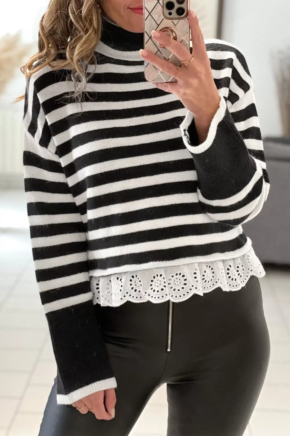 Striped High Neck Contrast Ruffle Detail Sweater for Women