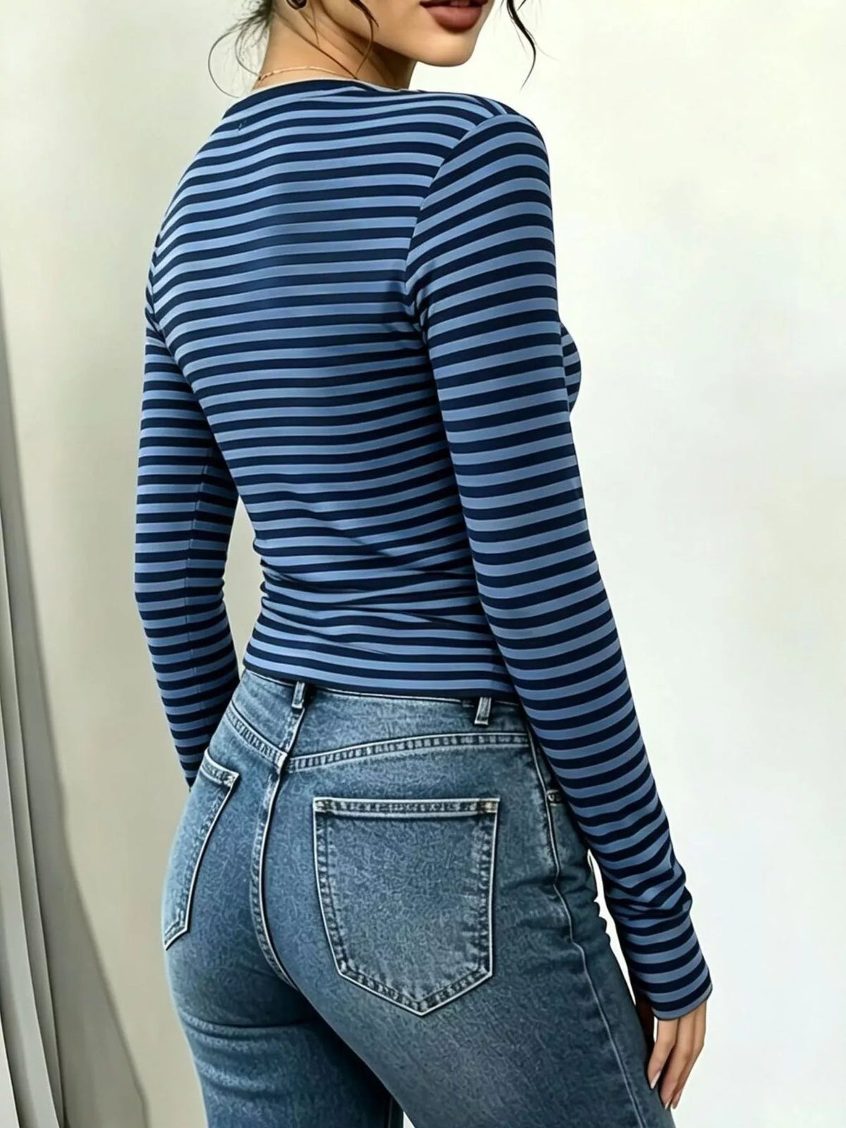 Long Sleeve Striped T-Shirt with Front Tie Detail