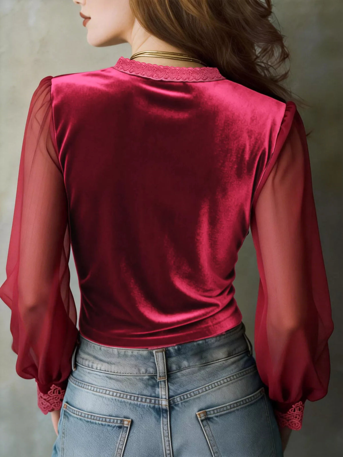Lace-Trim Sheer Long Sleeve Blouse