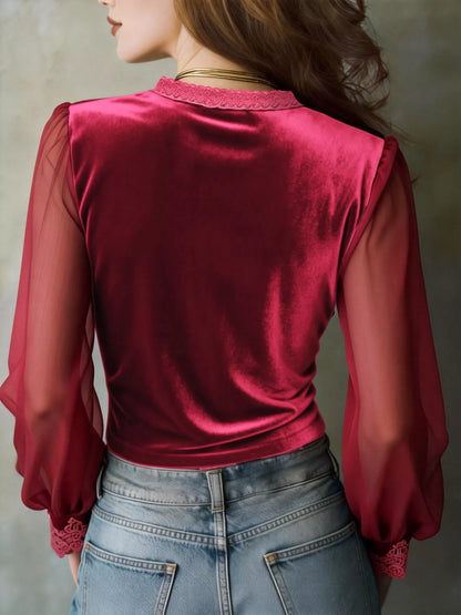 Lace-Trim Sheer Long Sleeve Blouse