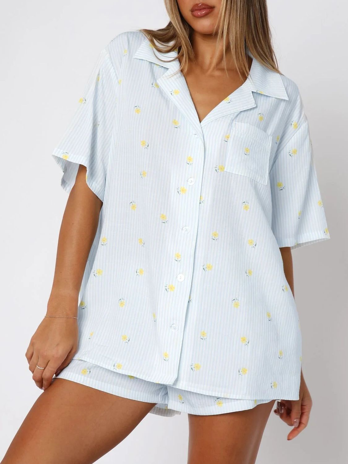Valentine's Day Printed Collared Neck Short Sleeve Top And Shorts Set