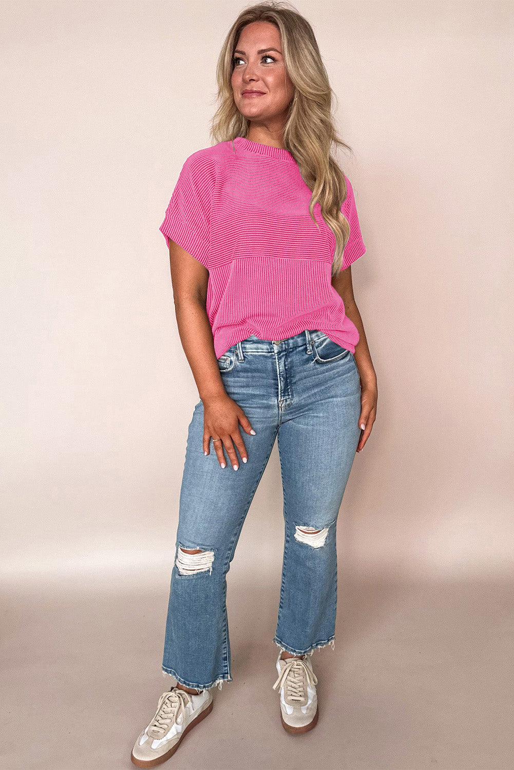 Bright Pink Plain Corded Knit Mock Neck T Shirt