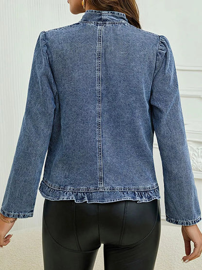 Full Size Open Front Ruffled Trim Washed Denim Jacket Plus Size