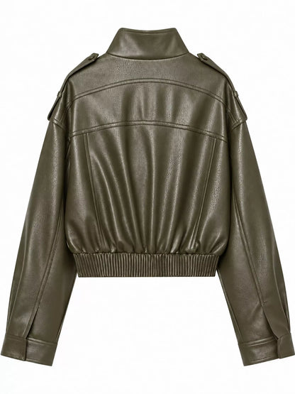 Faux Leather Cropped Bomber Jacket