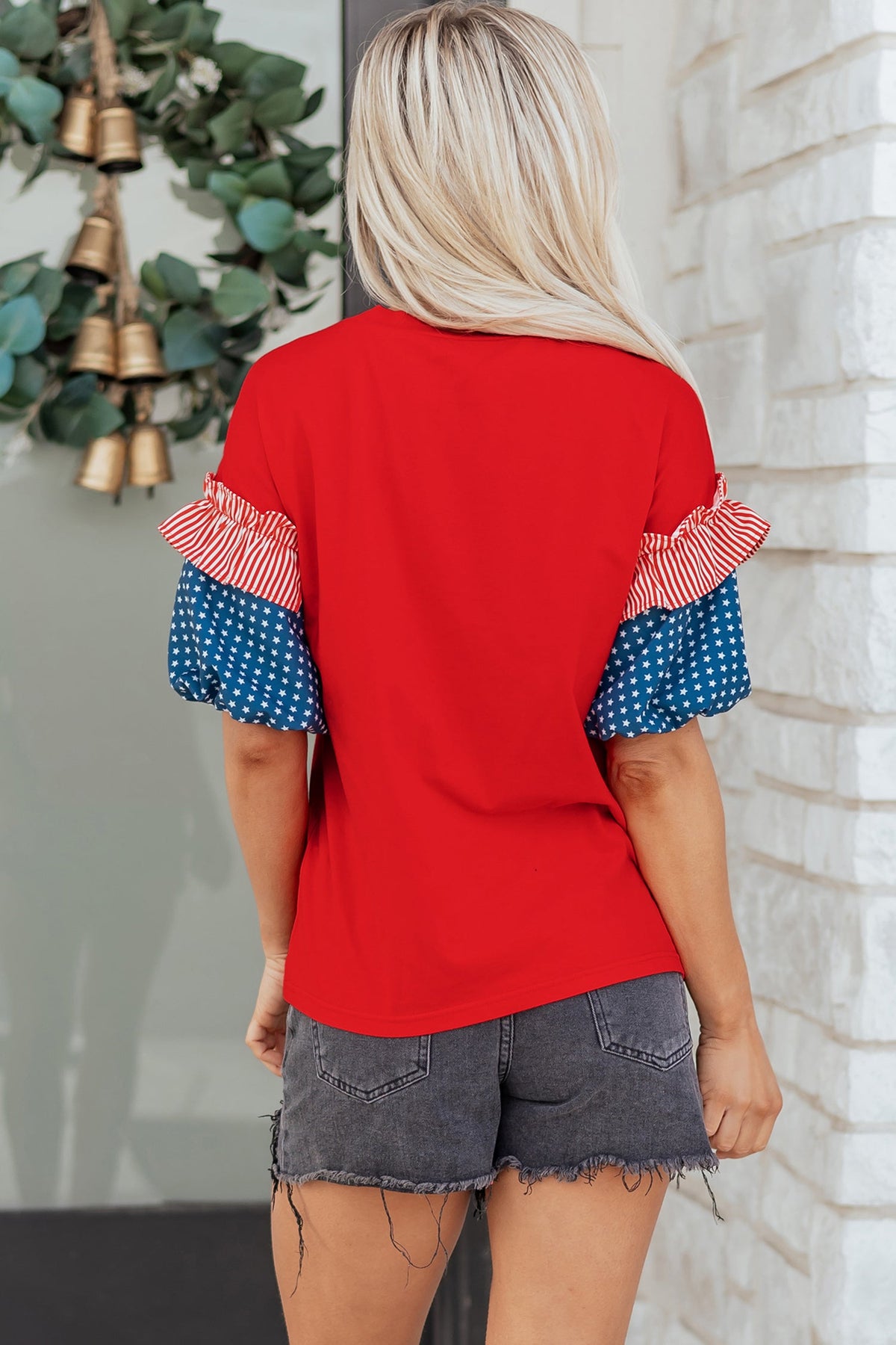 Fiery Red Sequin USA Lettering Patriotic Contrast Splicing Sleeve Top