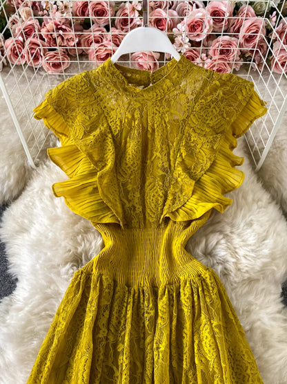 Ruffled Mock Neck Lace Maxi Dress