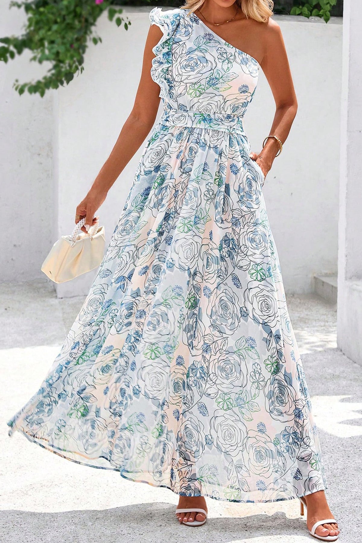 Sky Blue Floral Print Ruffled One Shoulder Vacation Maxi Dress