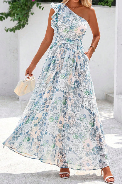 Sky Blue Floral Print Ruffled One Shoulder Vacation Maxi Dress