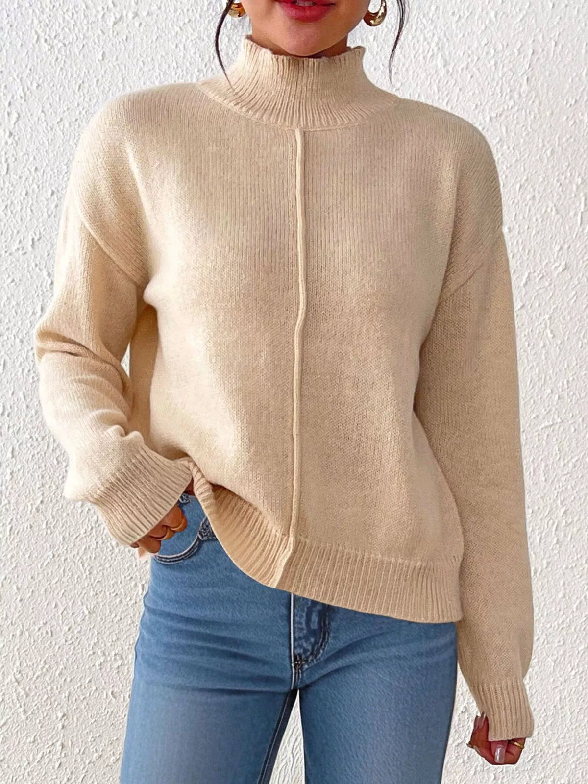 Center Seam Detail Turtleneck Sweater for Women