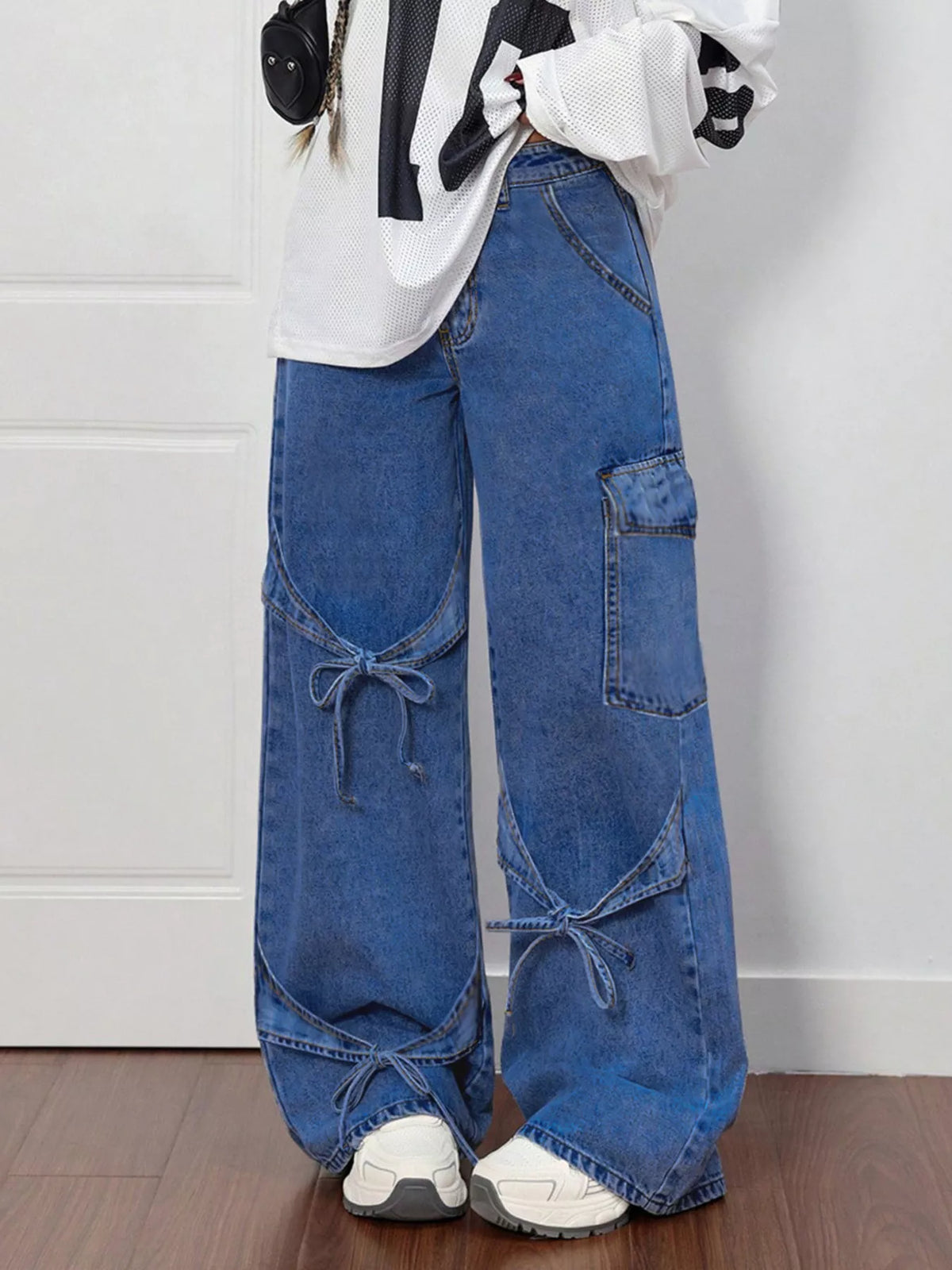 Wide Leg Jeans with Bow Tie Accents