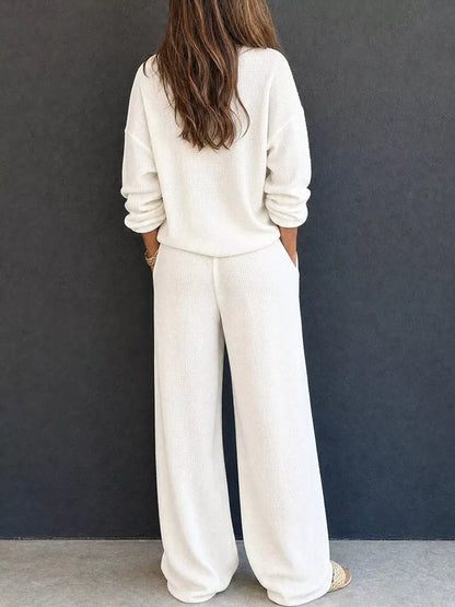 Women’s Waffle Knit Two-Piece Pants Set – Button-Front Top & Wide-Leg Pants