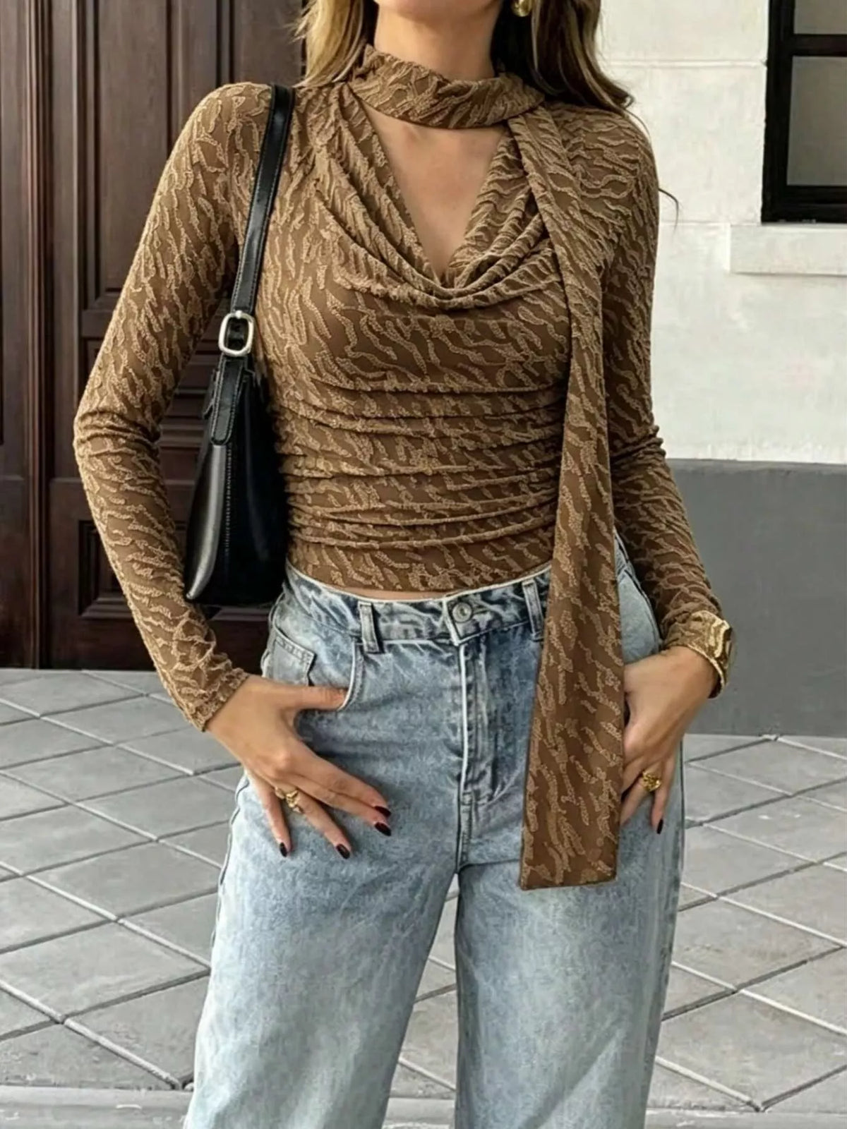 Textured Cowl Neck Long Sleeve Blouse with Scarf Detail