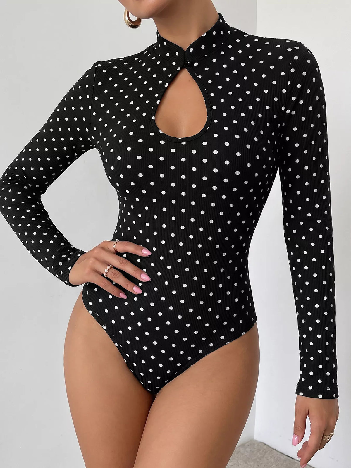 Polka Dot Cutout Long Sleeve Bodysuit