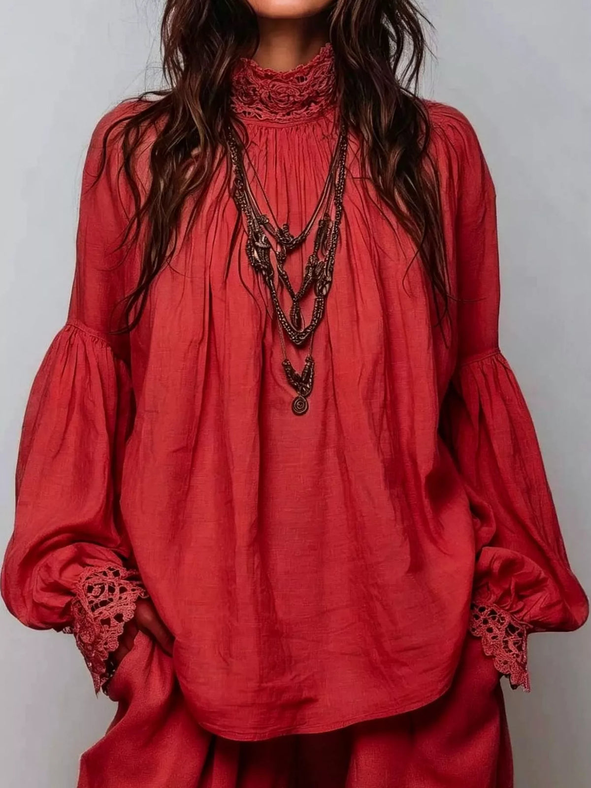 Full Size Lace Mock Neck Long Sleeve Blouse Plus Size