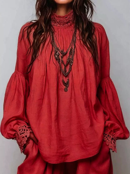 Full Size Lace Mock Neck Long Sleeve Blouse Plus Size