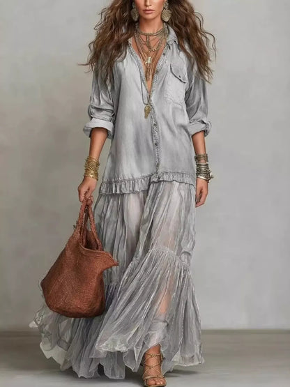 Full Size Sheer Tiered Long Sleeve Maxi Dress Plus Size