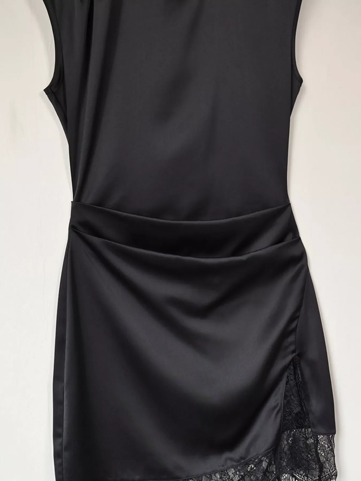 Satin Mock Neck Sleeveless Mini Dress with Lace Hem
