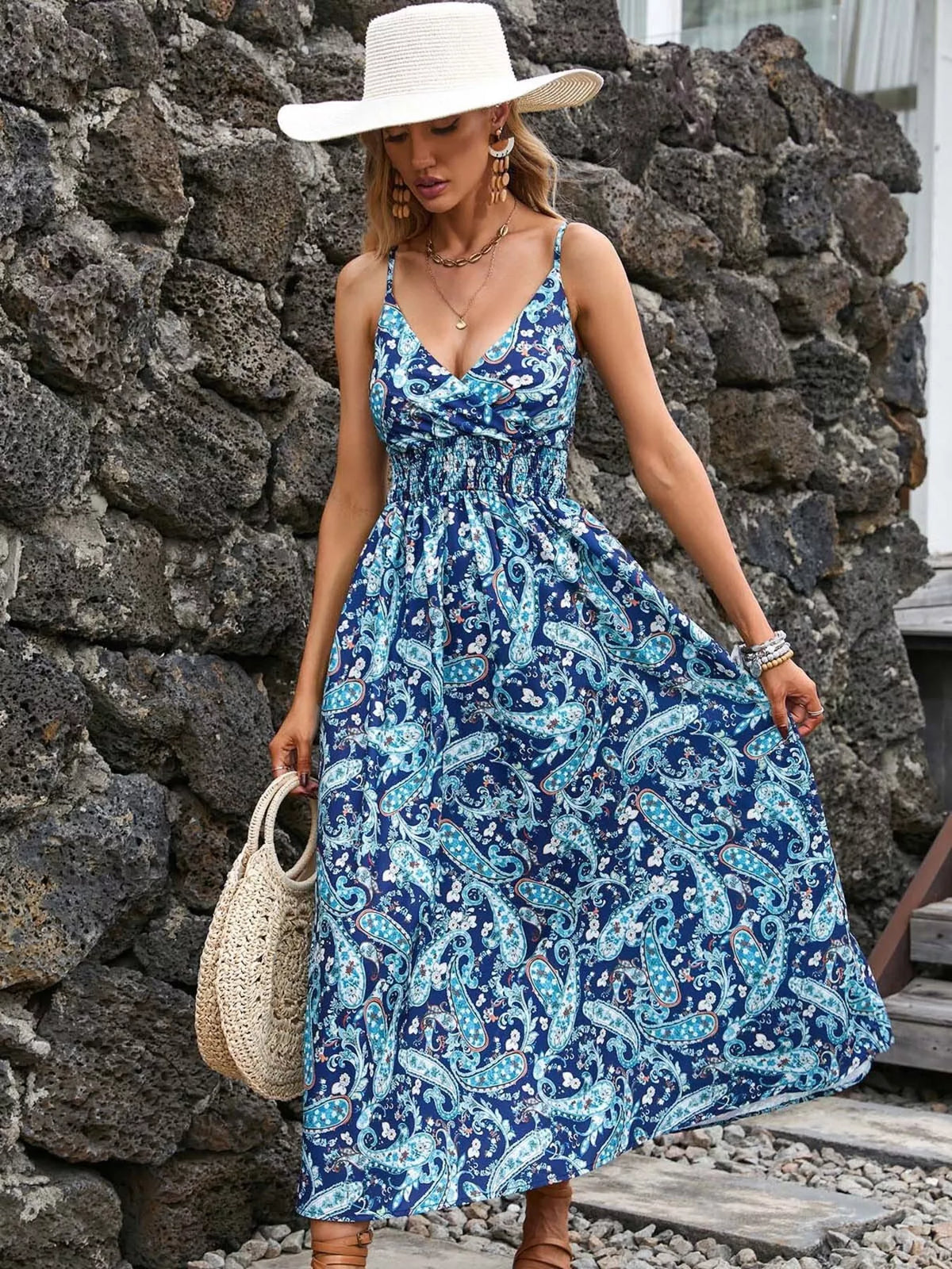 Paisley Print Spaghetti Strap Midi Dress