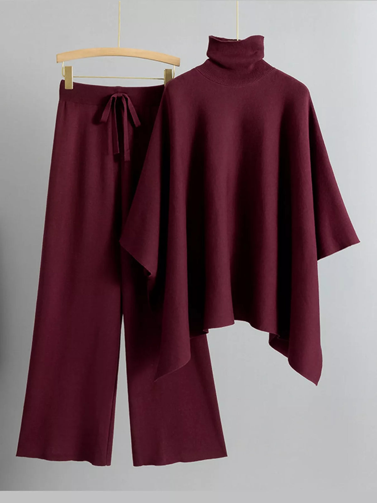 Turtleneck Poncho Pants Set with Wide-Leg Knit Pants