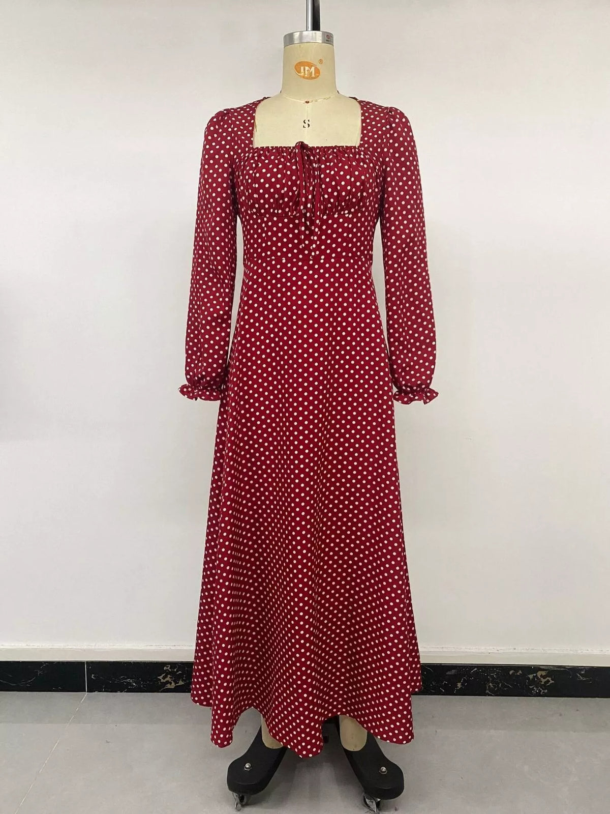 Square Neck Polka Dot Long Sleeve Maxi Dress