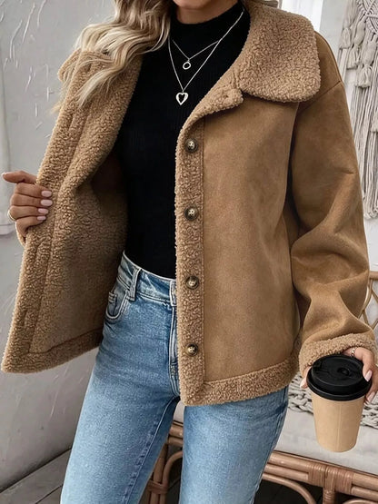 Full Size Cozy Faux Suede Sherpa-Lined Button-Down Jacket Plus Size