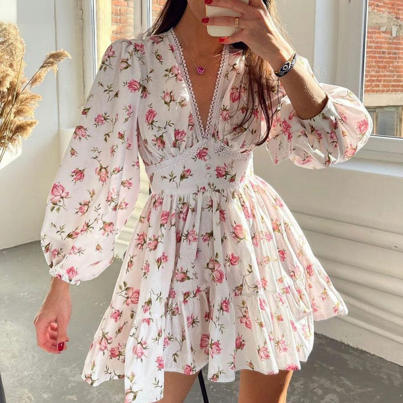 Sweet printed V-neck lace short dress