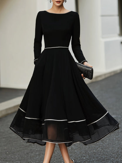 Long Sleeve Contrast Trim Midi Dress With Flared Skirt Black