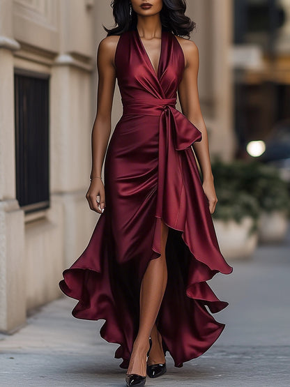 Midnight Elegance Satin Halter Ruffle Gown Burgundy