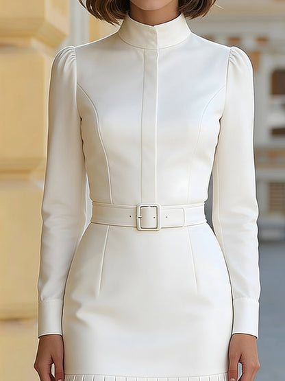 High-Neck Belted Long-Sleeve Pleated Midi Dress