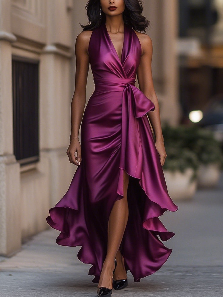 Midnight Elegance Satin Halter Ruffle Gown Fuchsia