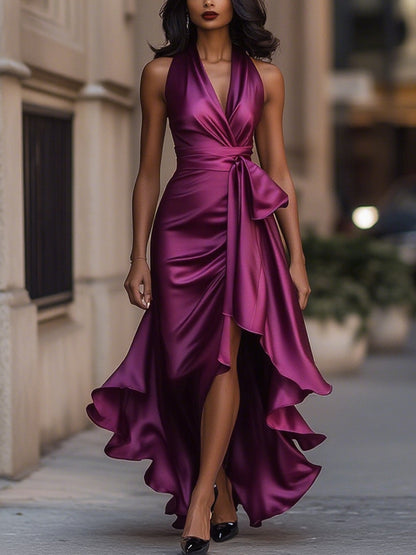 Midnight Elegance Satin Halter Ruffle Gown Fuchsia