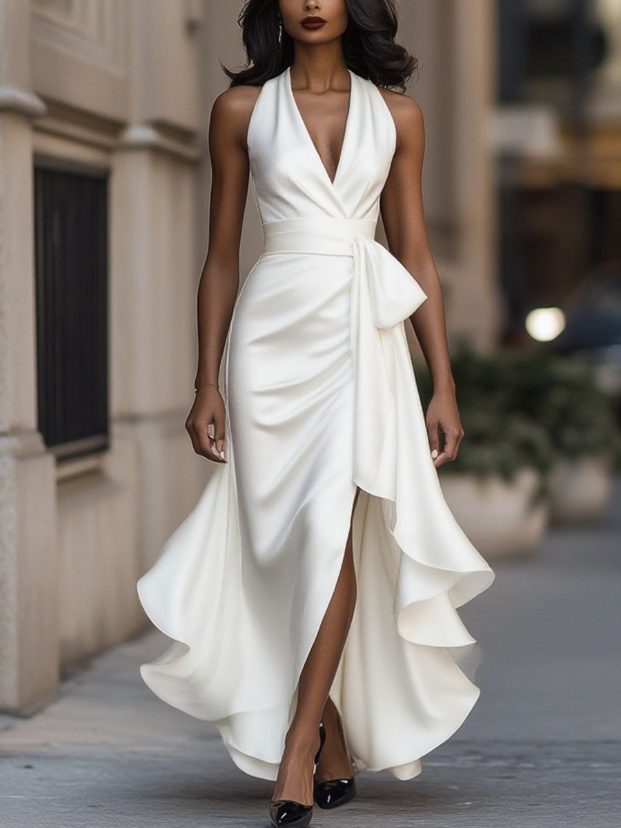 Midnight Elegance Satin Halter Ruffle Gown White