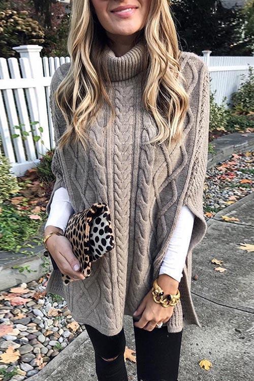 Clidresse Turtleneck Cable Cloak Poncho Sweater