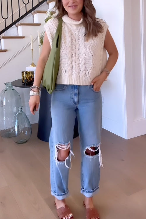 Turtleneck Cable Knit Sweater Vest Apricot S M