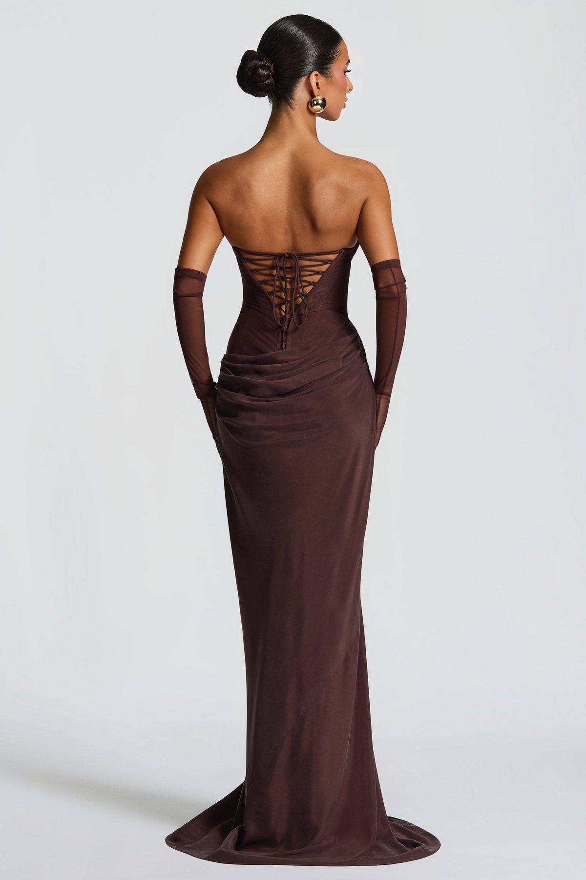 Vedette Brown Ruched Corset Maxi Dress