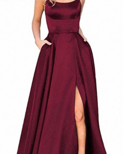 Deanne Sexy Open Back High Slit Evening Dress Burgundy