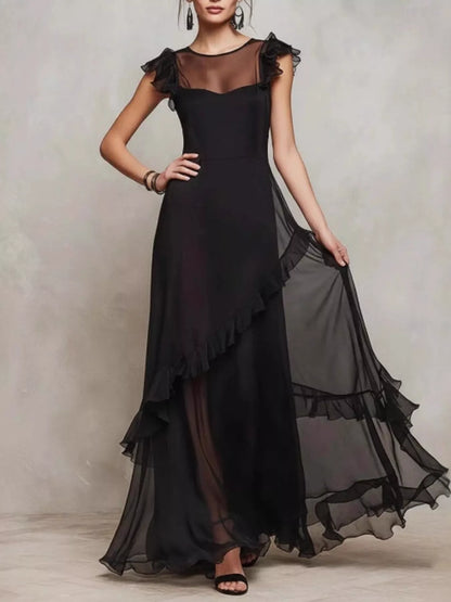 Sheer Ruffle Trim Maxi Dress | Black