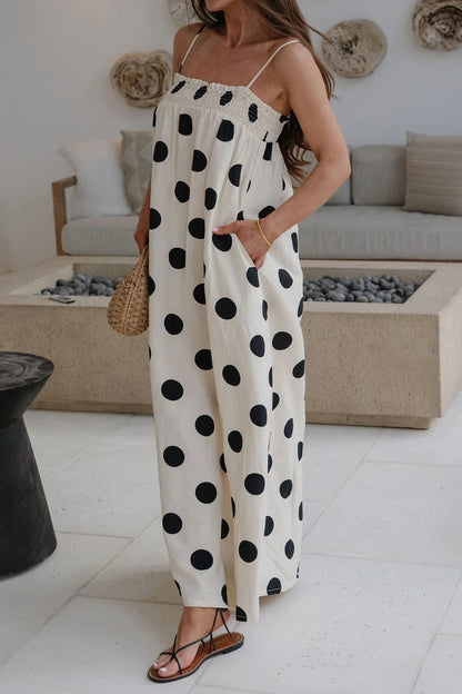 White Polka Dot Spaghetti Straps Maxi Dress