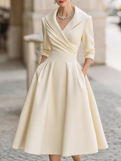 Vintage-Inspired Satin Midi Dress With Draped Collar Beige