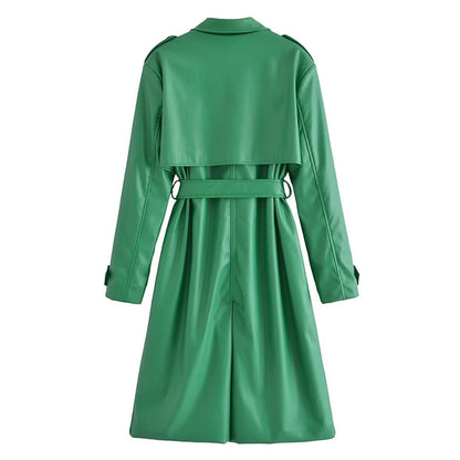 Faux Leather Belt Windbreaker Trench Coat