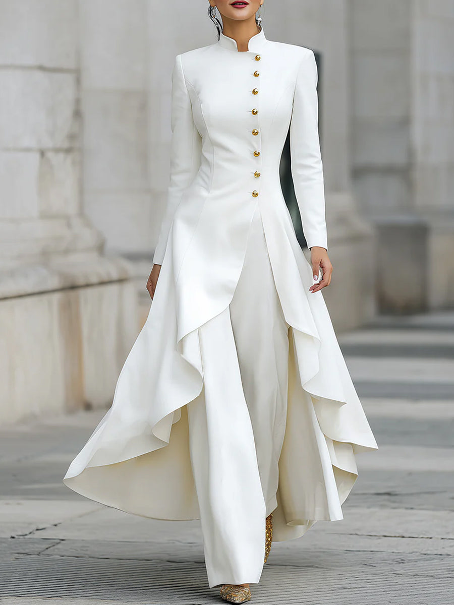 Elegant Front-buttons Long Blazer And Pants Set White