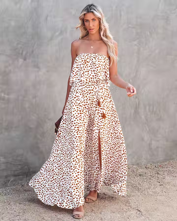 Strapless High Slit Casual Dress Khaki