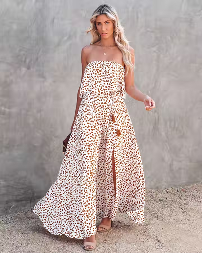 Strapless High Slit Casual Dress Khaki